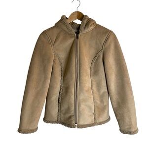 L.L. Bean Tan Faux Suede Sherpa-Lined Hooded Jacket Size Small full zip